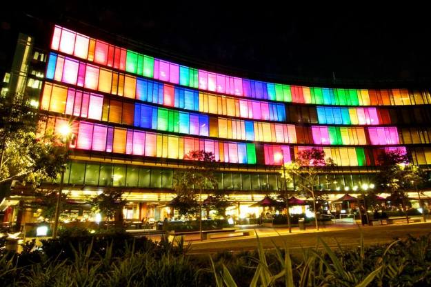 A touch screen panel let you change the colour of the lights on this building. It was wonderful to play with!